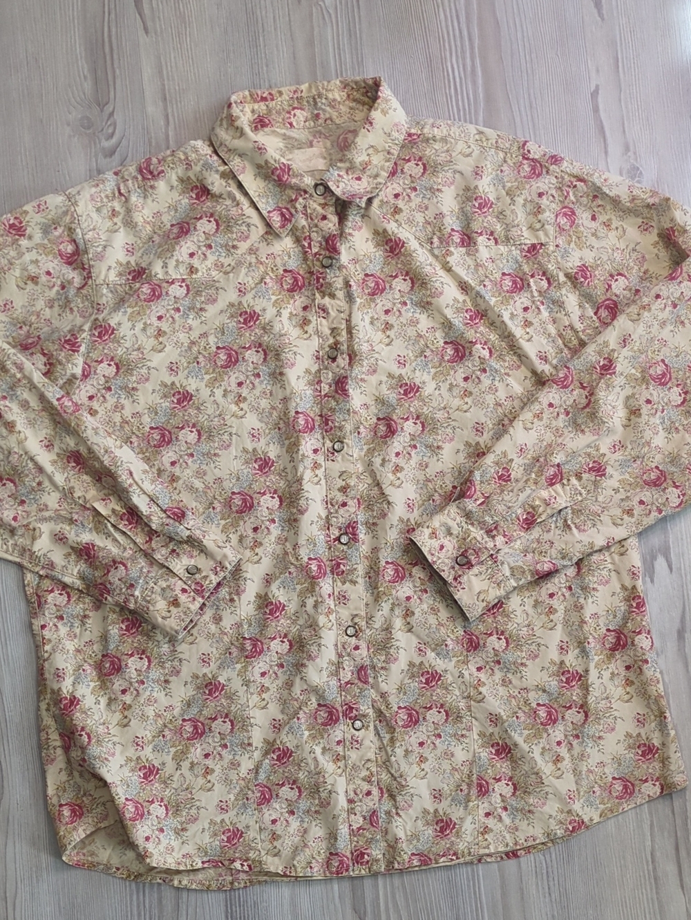 Floral Western Pearl Snap Shirt Cottagecore Prairie Pink Roses Fits Large